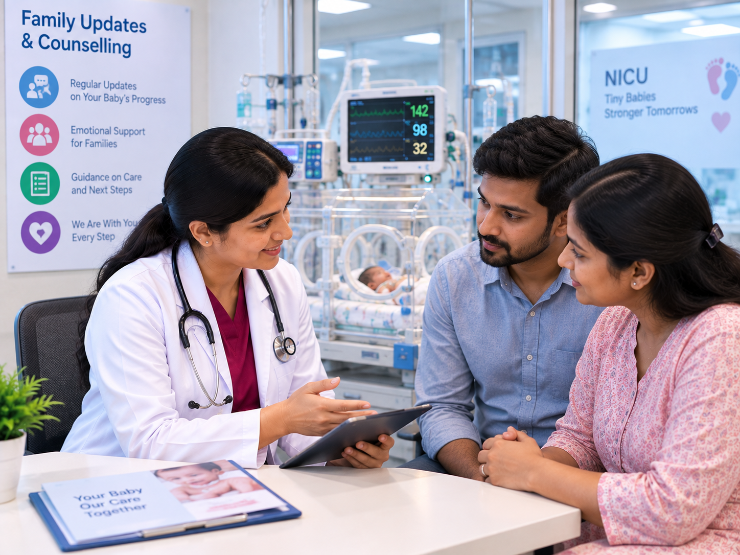 Doctor counselling parents about child in critical care